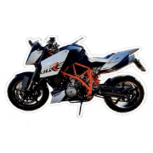 a black and orange motorcycle with a sticker on it on a white background .