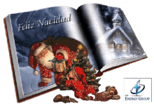 an open book with a picture of santa and a christmas tree says feliz navidad