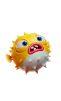 a yellow fish with blue eyes and a pink mouth