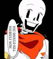 a skeleton with a scarf around his neck says you should kill yourself now