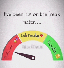 a speedometer with the words " i 've been high on the freak meter "