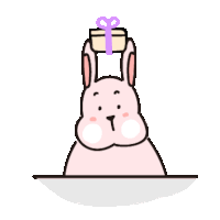 a pink bunny is holding a gift box with a purple ribbon .