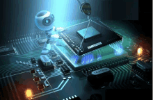 a robot is standing on top of a motherboard with a cpu that says plc fuse