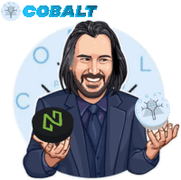 a cartoon of keanu reeves holding two coins with the word cobalt behind him