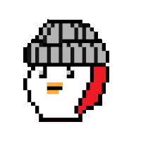 a pixel art drawing of a chicken wearing a beanie and a red scarf .