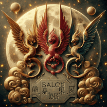 a poster with three dragons and the words balon 168 on the bottom