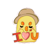 a sticker of a yellow bird with a hat that says i love you