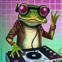 a frog is wearing headphones and a jacket while playing music