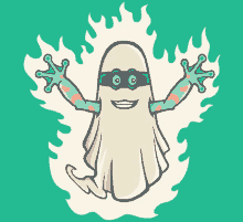 a cartoon drawing of a ghost wearing a mask with frog arms