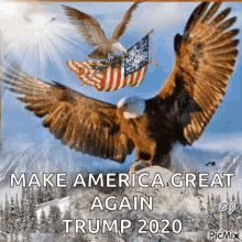 two bald eagles flying over a mountain with the words make america great again trump 2020 on the bottom