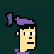 a pixel art drawing of a person with a purple hat on their head .