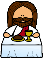 a cartoon of jesus sitting at a table eating bread and wine