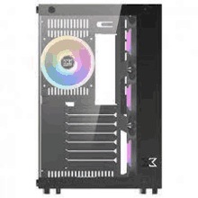 the inside of a computer case with a fan and a rainbow colored fan .