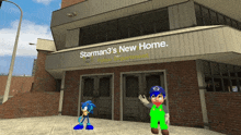 two cartoon characters are standing in front of a building that says starman 3 's new home