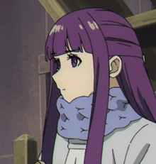 a girl with purple hair is wearing a scarf that says x on it