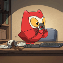 a cartoon owl is sitting at a desk with a cup of coffee on the floor