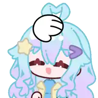 a cartoon drawing of a girl with blue hair and red hearts