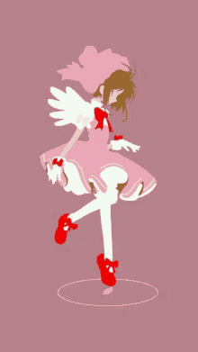 a girl in a pink dress and red shoes is standing on one leg