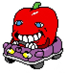 a pixel art drawing of a red apple with blue eyes