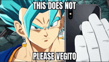 a cartoon character taking a picture of himself with a caption that says this does not please vegito