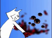 a drawing of a white cat with blood on its hands and a blue background