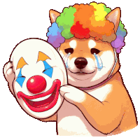 a dog with a clown wig is holding a clown mask