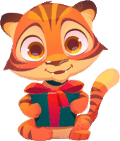 a cartoon tiger is holding a green gift box with a red ribbon .