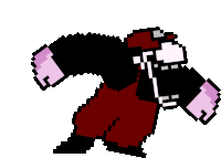 a pixel art drawing of a man in a red and black outfit