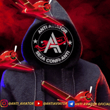 a person wearing a hoodie with the logo for anti aviator