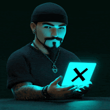 a man with a beard is holding a glowing x in his hands