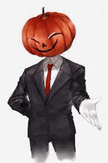 a man in a suit and tie with a pumpkin head is standing with his hand out .