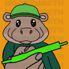 a cartoon hippo wearing a green hat is holding a green stick