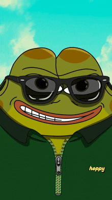 a frog wearing sunglasses and a jacket that says hoppy on it