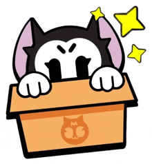 a cartoon cat is sticking its head out of a box with stars around it