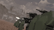 a man in a green uniform is holding a gun in a video game scene