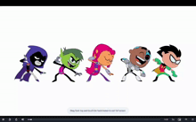 a row of cartoon characters including raven starfire and robin