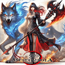 a woman holding a sword in front of a wolf with the word museumbola on the bottom