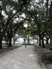 a path in a park with trees and a statue