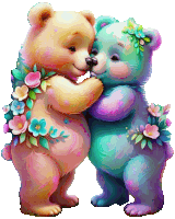 two teddy bears are hugging each other with flowers on their bodies