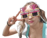 a woman wearing sunglasses that say happy birthday on them