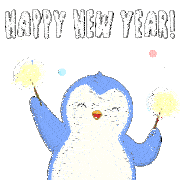 a penguin holding sparklers in front of fireworks with the words happy new year