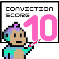 a pixel art of a monkey pointing at a sign that says " conviction score 10 "