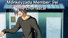 monkeyzada member irei me churrascar is written above a cartoon of a man