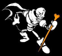 a pixel art of papyrus from undertale holding a cane and a sword .