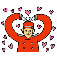 a cartoon of a man in a red jacket making a heart with his hands surrounded by hearts .