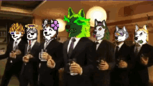 a group of men in suits with cartoon animals on their faces