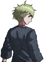 a drawing of a boy with green hair and a black and white striped shirt