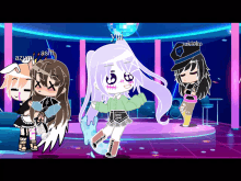 a group of anime girls are standing in a room with a disco ball and the name yui on the top