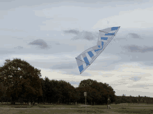 a blue and white kite with the letter h on it is flying over a grassy field