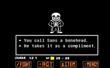 a screenshot of a video game where sans is talking to chara .